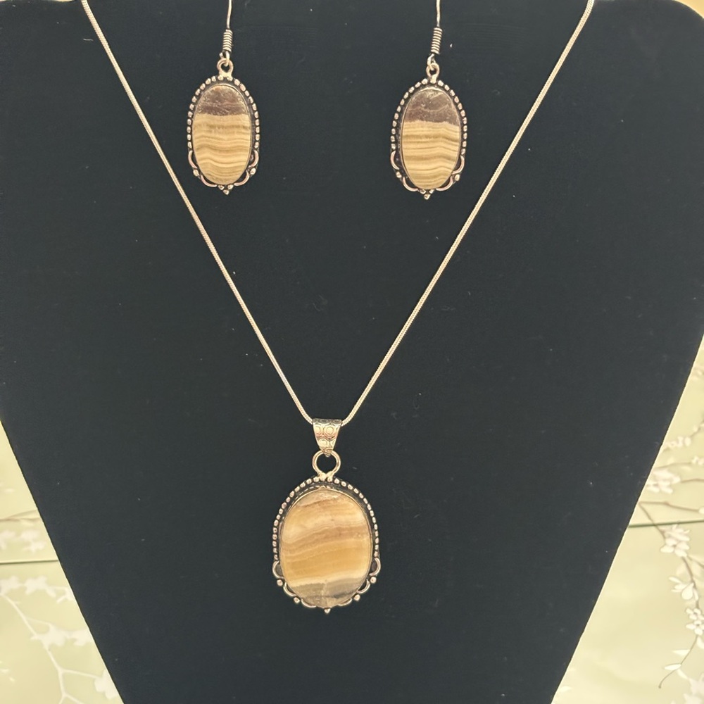 Yellow lace agate necklace and earrings stamped